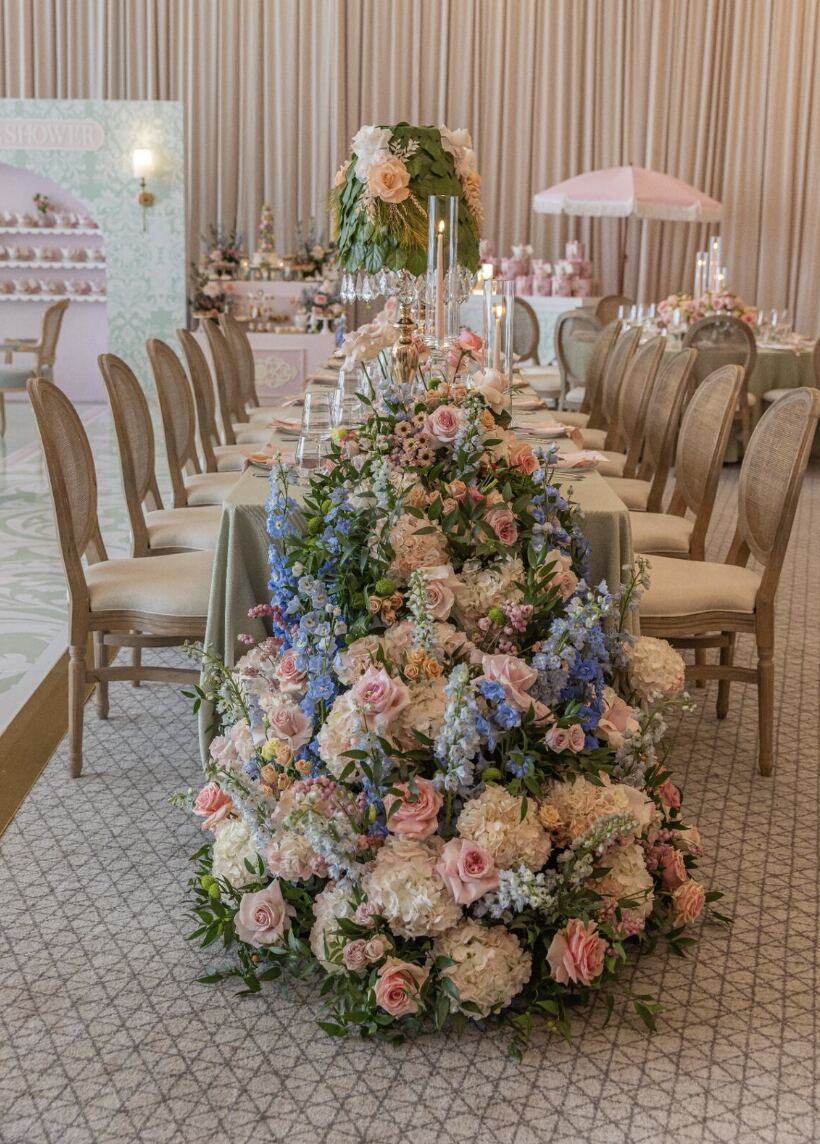 Pastel Floral Runner - Cascading pastel rose, hydrangea and delphinium runner spilling onto the floor by Aura Floral Design Miami